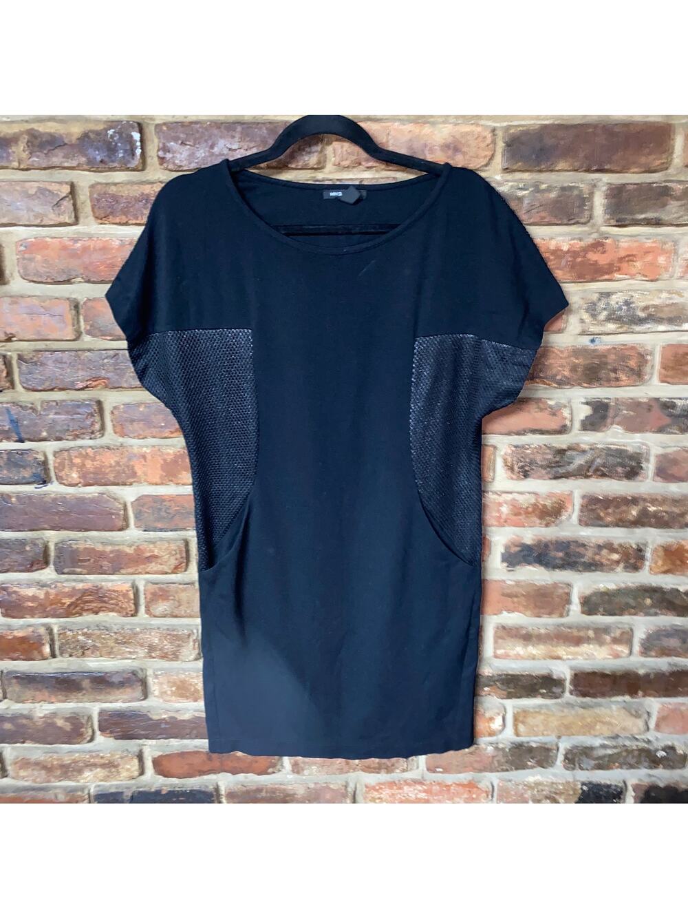 Mango MNG Casual Black Metallic Mesh Short Sleeve Mini Dress Women's Size XS